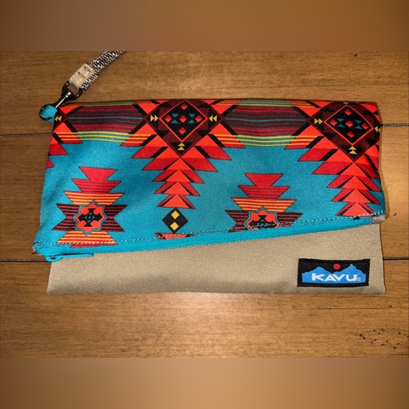 Kavu Bifold Clutch Wallet Wristlet Teal Orange Geometric Bag Purse Aztec Print - Picture 2 of 8